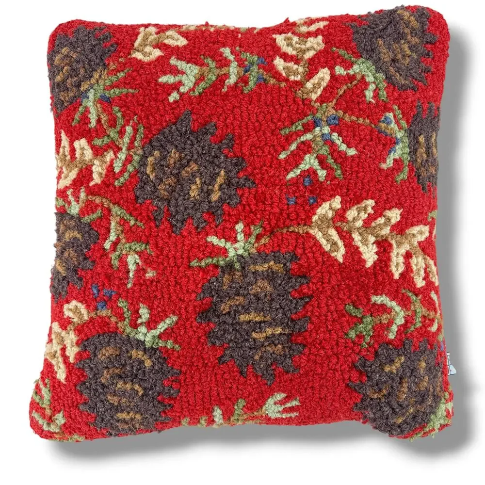 Chandler Four Corners Ruby Pinecones Hooked Wool Pillow 18x18 Laura Megroz